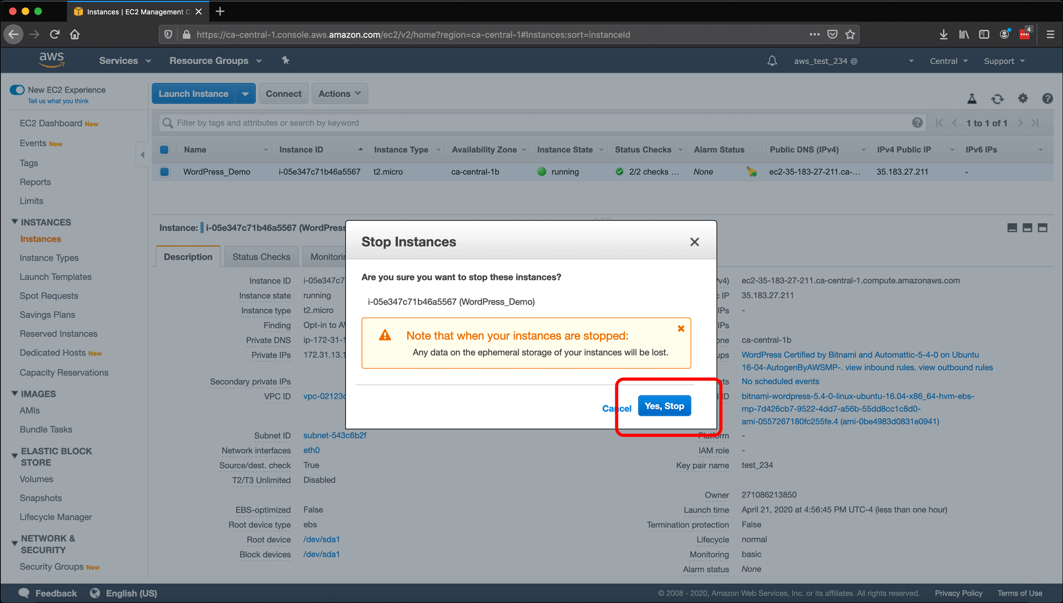 Screenshot: AWS EC2 instance, Elastic IPs, Route 53 DNS management, and restarting or shutting down the instance.