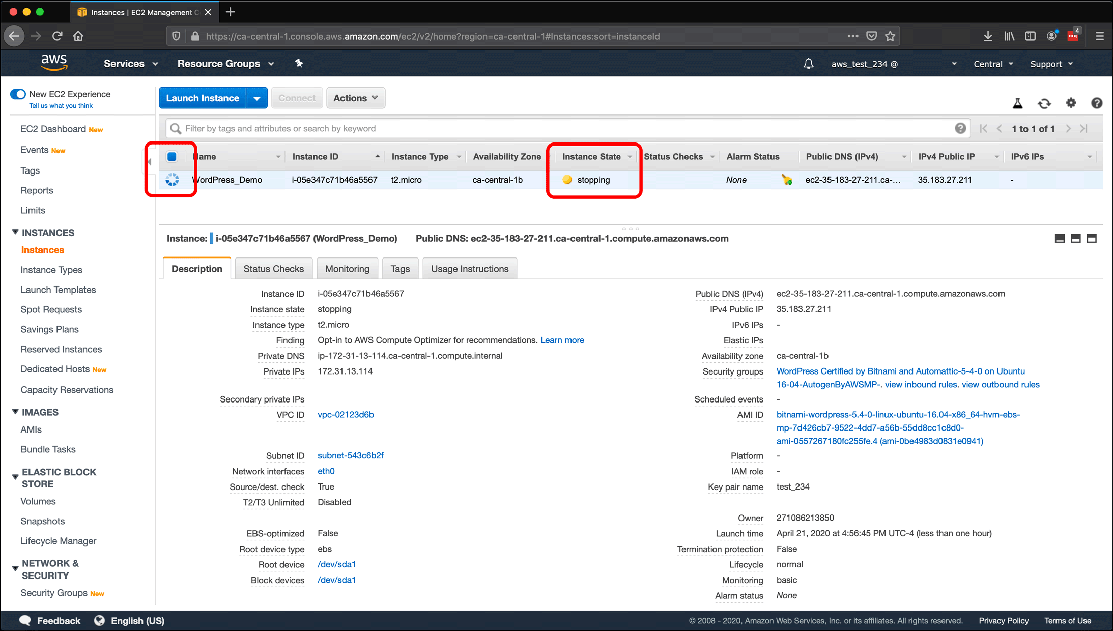 Screenshot: AWS EC2 instance, Elastic IPs, Route 53 DNS management, and restarting or shutting down the instance.