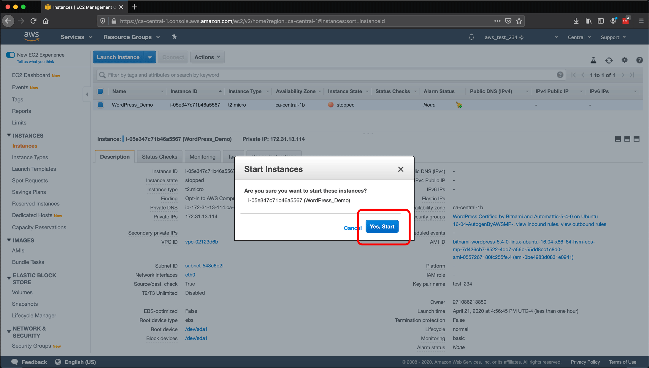 Screenshot: AWS EC2 instance, Elastic IPs, Route 53 DNS management, and restarting or shutting down the instance.