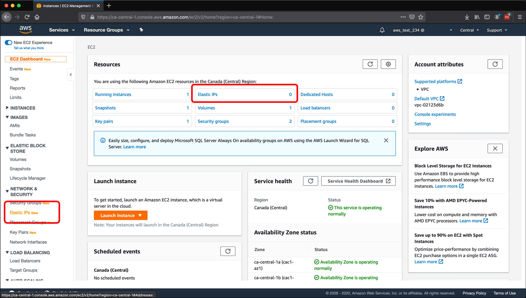 Screenshot: AWS EC2 instance, Elastic IPs, Route 53 DNS management, and restarting or shutting down the instance.