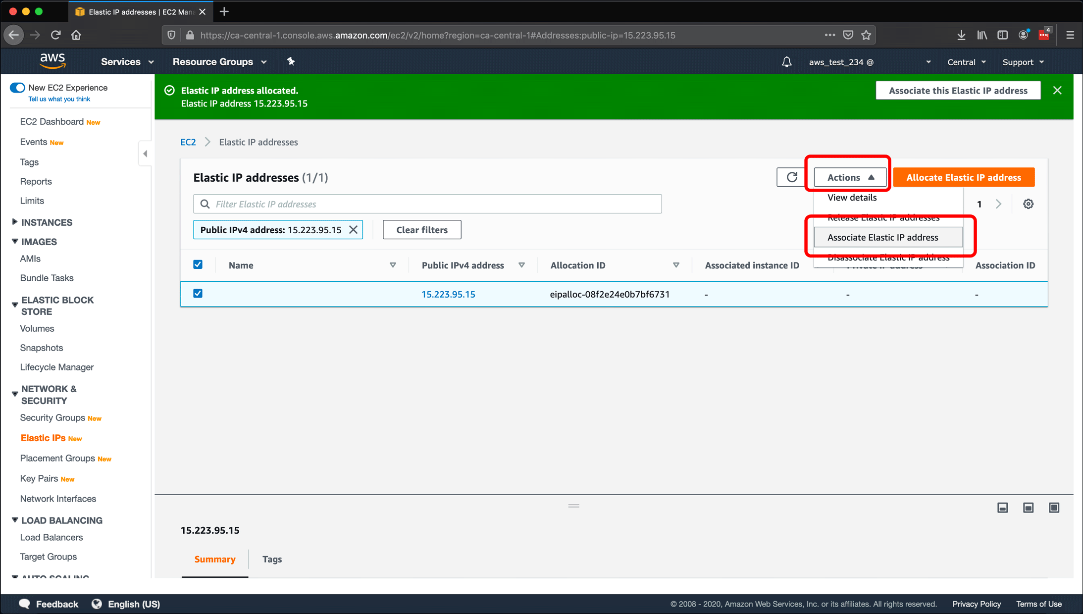 Screenshot: AWS EC2 instance, Elastic IPs, Route 53 DNS management, and restarting or shutting down the instance.