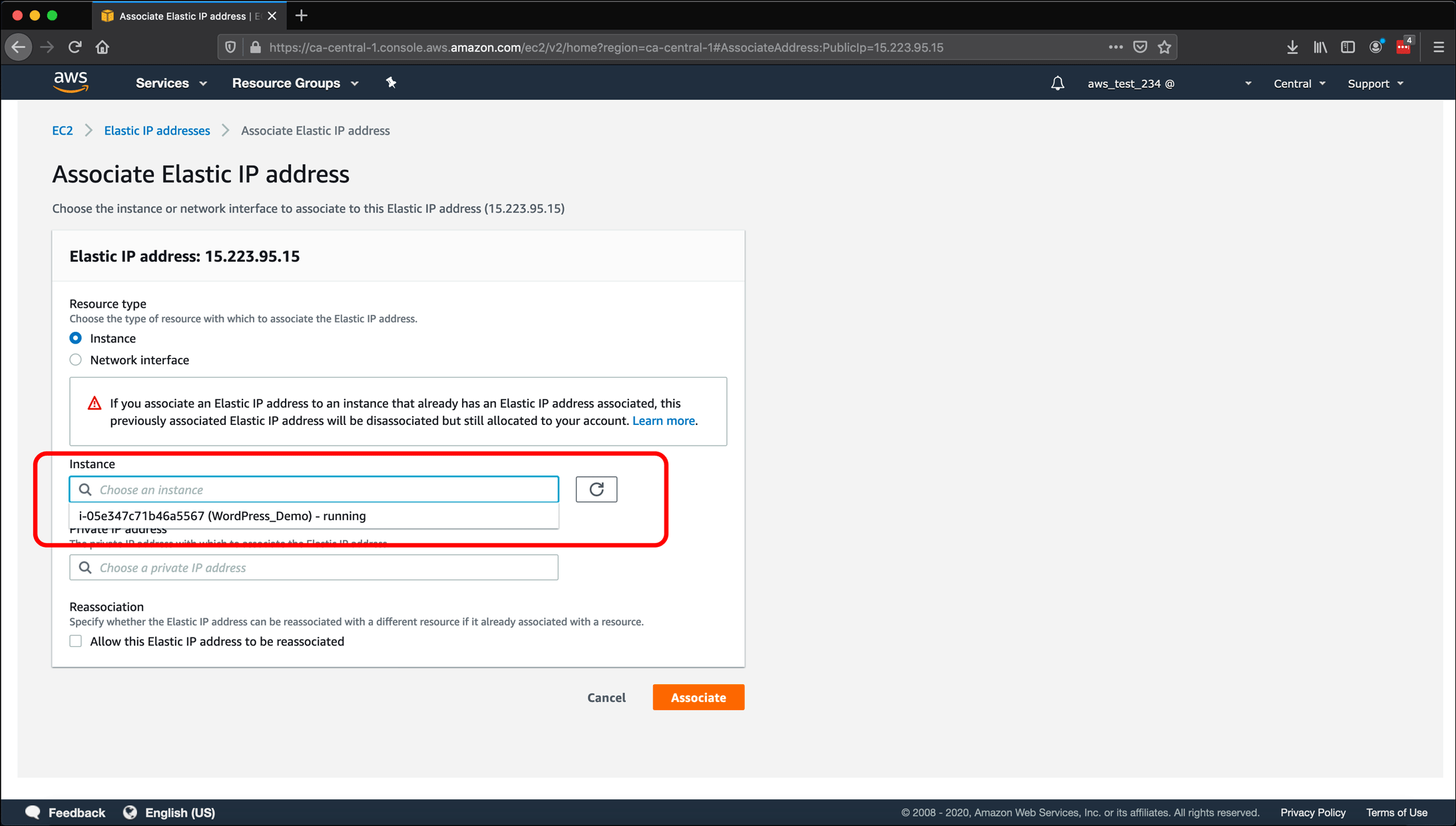 Screenshot: AWS EC2 instance, Elastic IPs, Route 53 DNS management, and restarting or shutting down the instance.