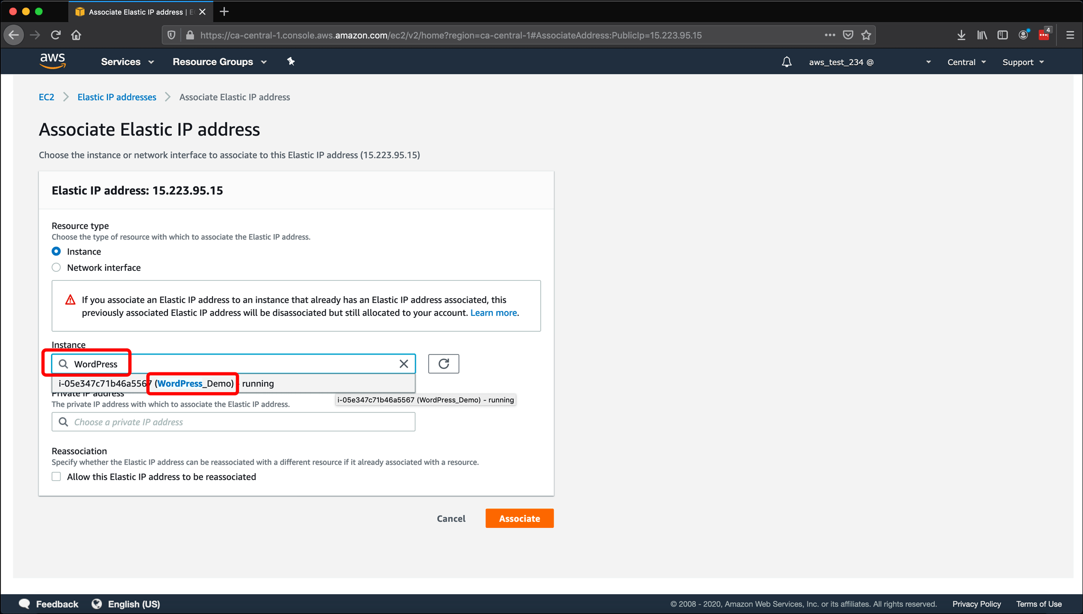 Screenshot: AWS EC2 instance, Elastic IPs, Route 53 DNS management, and restarting or shutting down the instance.