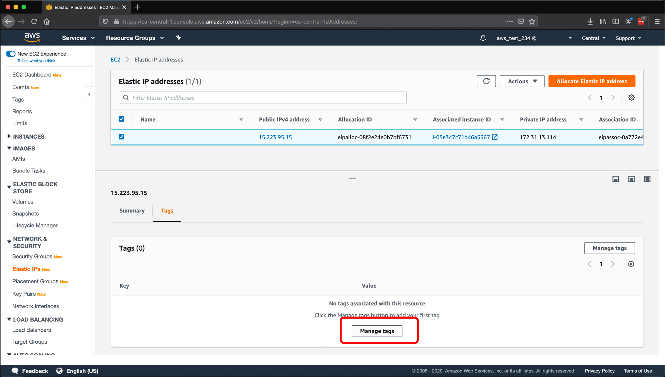 Screenshot: AWS EC2 instance, Elastic IPs, Route 53 DNS management, and restarting or shutting down the instance.