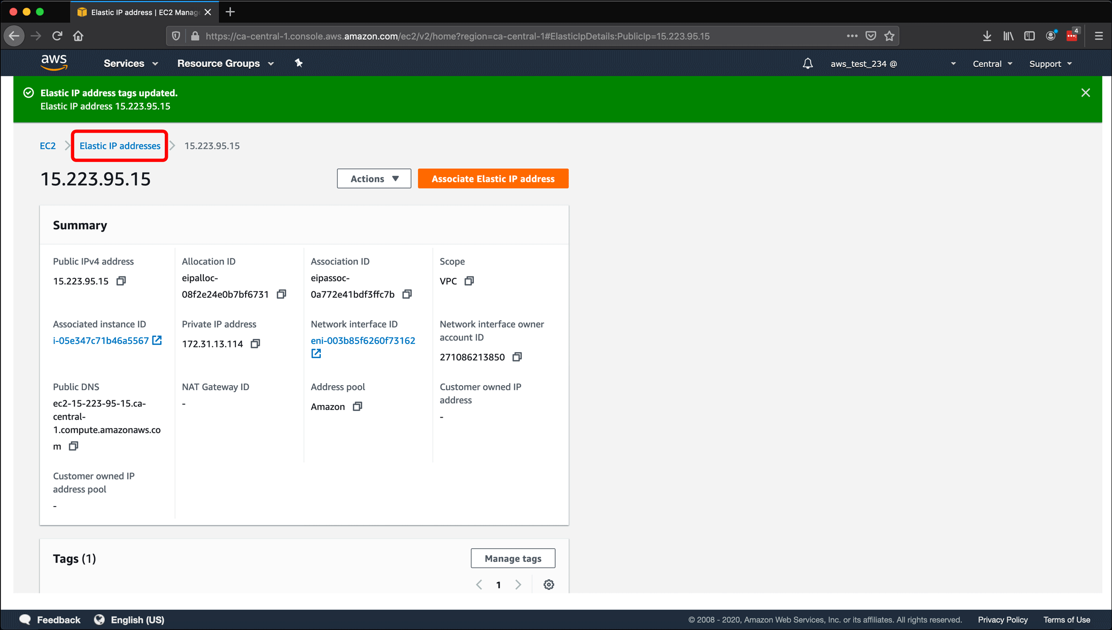 Screenshot: AWS EC2 instance, Elastic IPs, Route 53 DNS management, and restarting or shutting down the instance.