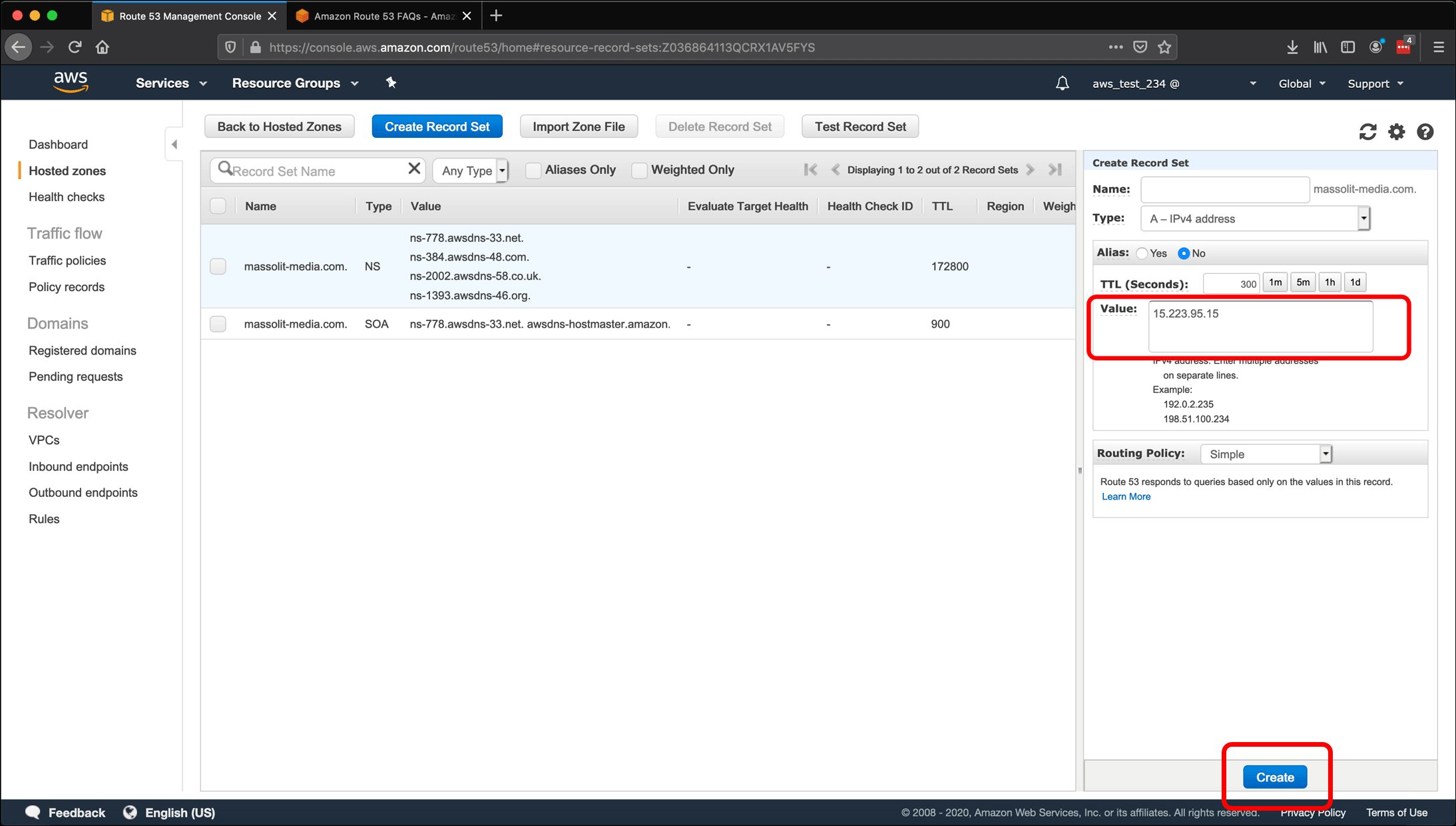 Screenshot: AWS EC2 instance, Elastic IPs, Route 53 DNS management, and restarting or shutting down the instance.