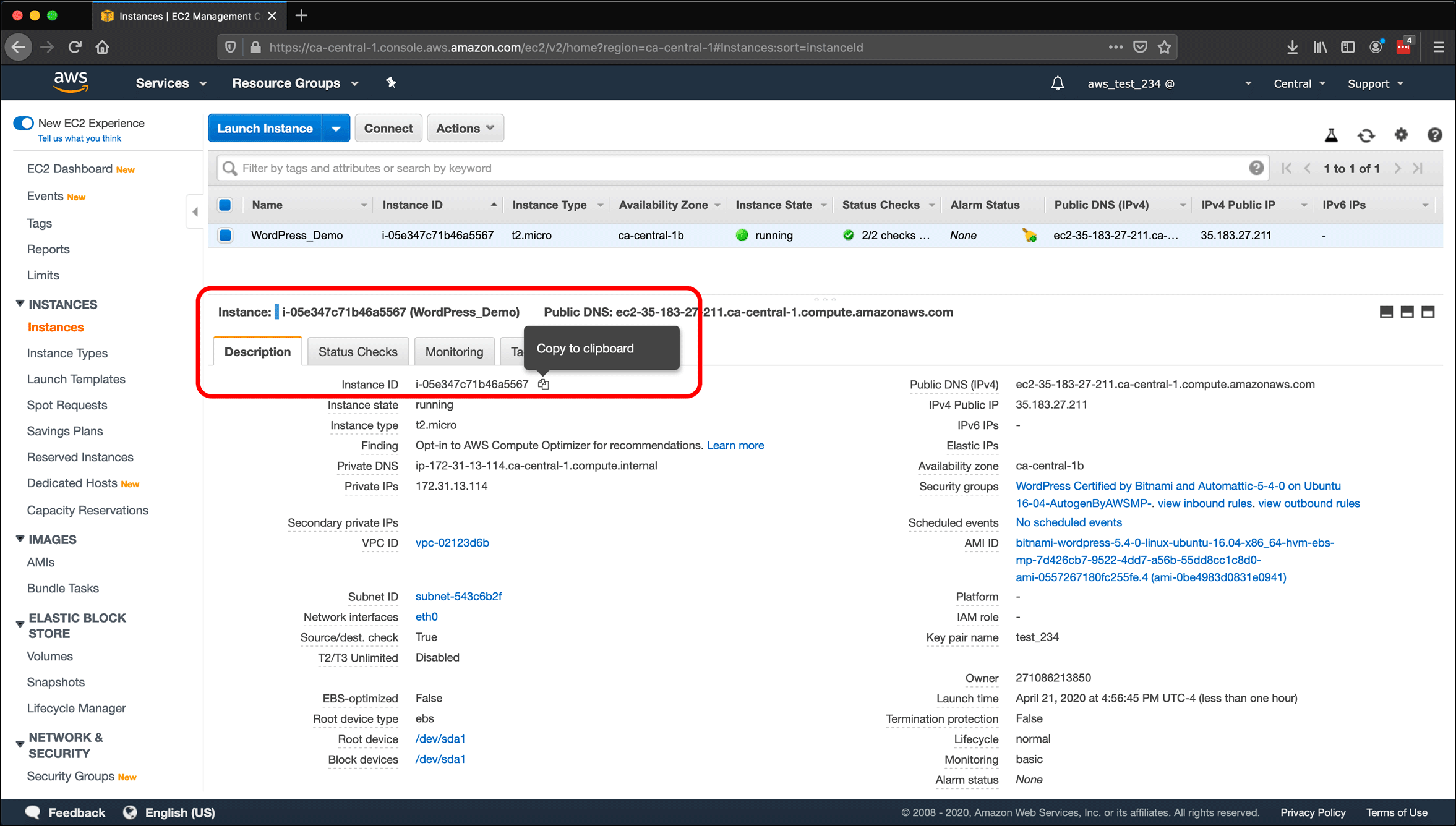 Screenshot: naming AWS EC2 instances and volumes, and creating snapshots.