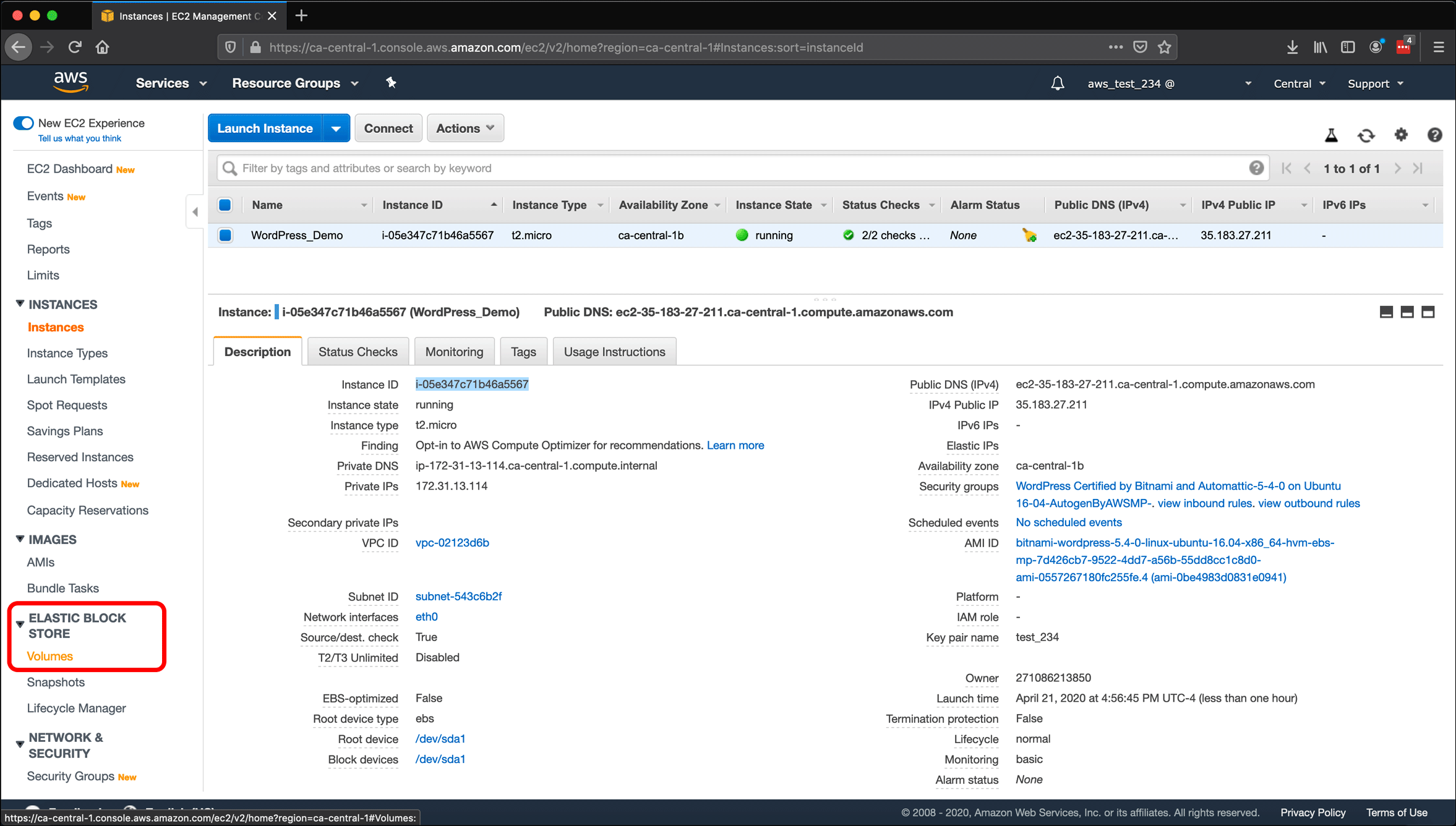 Screenshot: naming AWS EC2 instances and volumes, and creating snapshots.