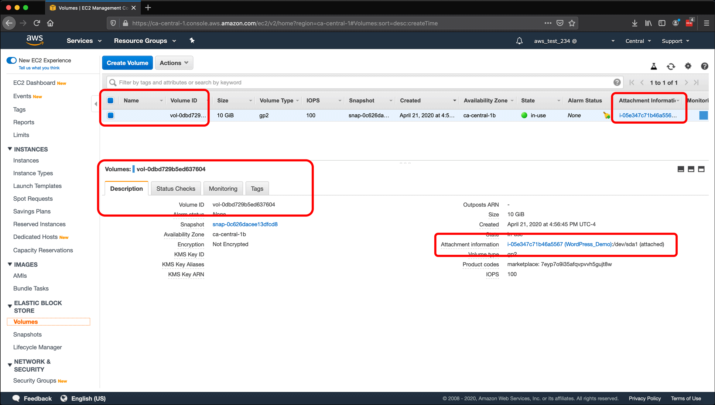 Screenshot: naming AWS EC2 instances and volumes, and creating snapshots.