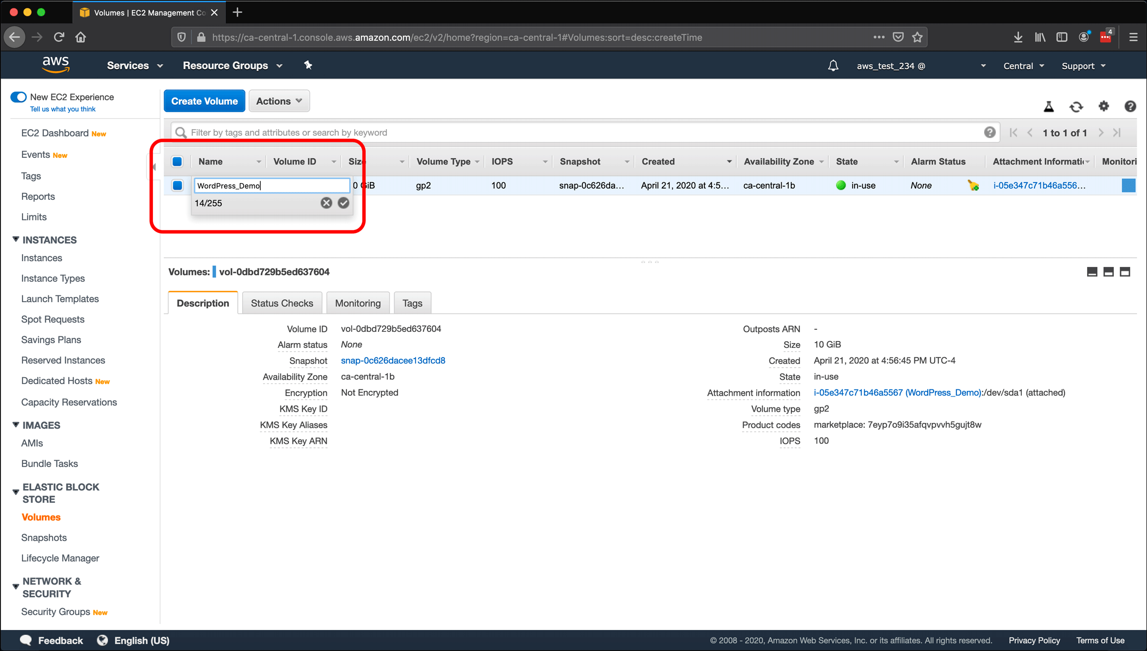 Screenshot: naming AWS EC2 instances and volumes, and creating snapshots.