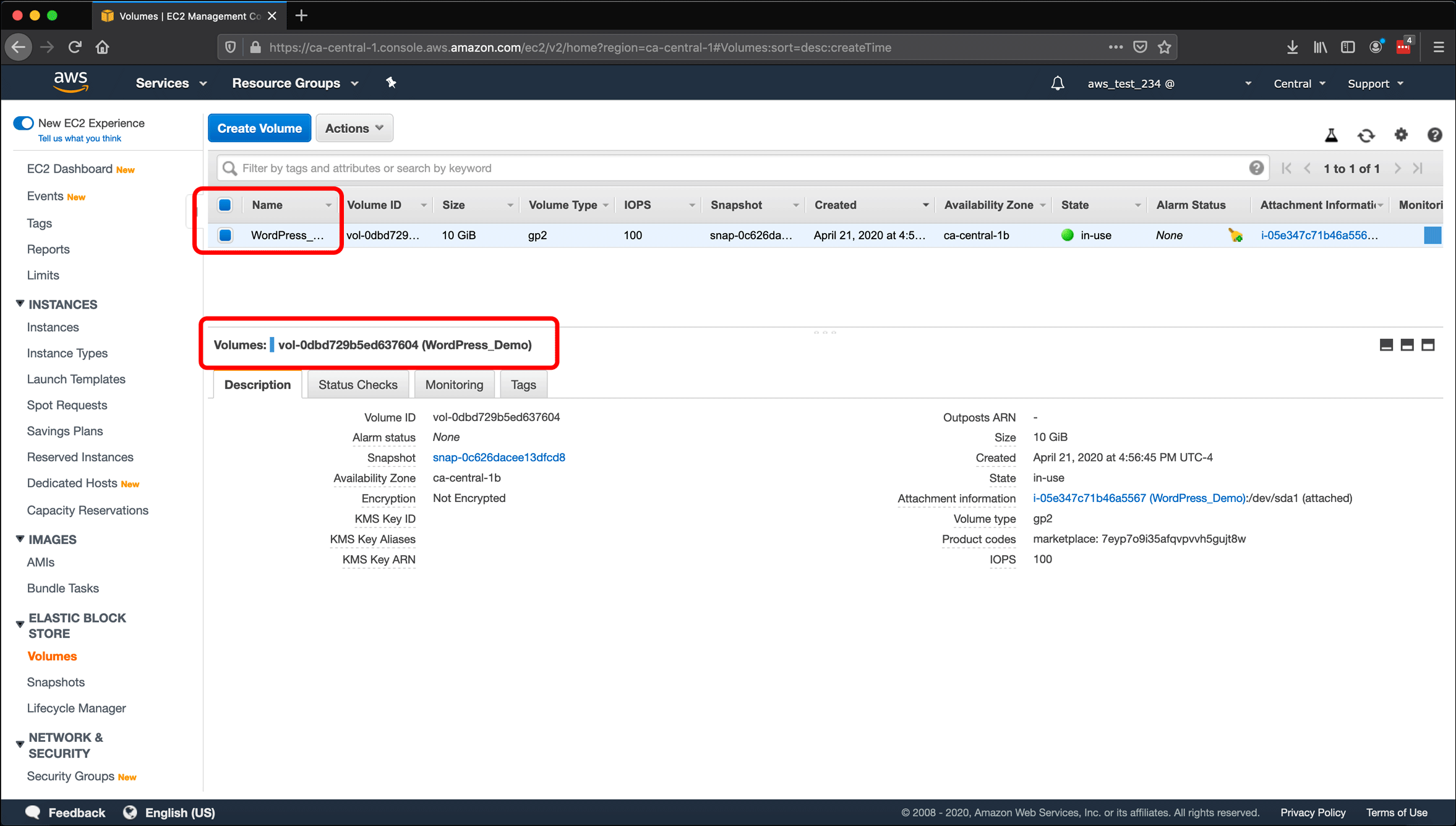 Screenshot: naming AWS EC2 instances and volumes, and creating snapshots.