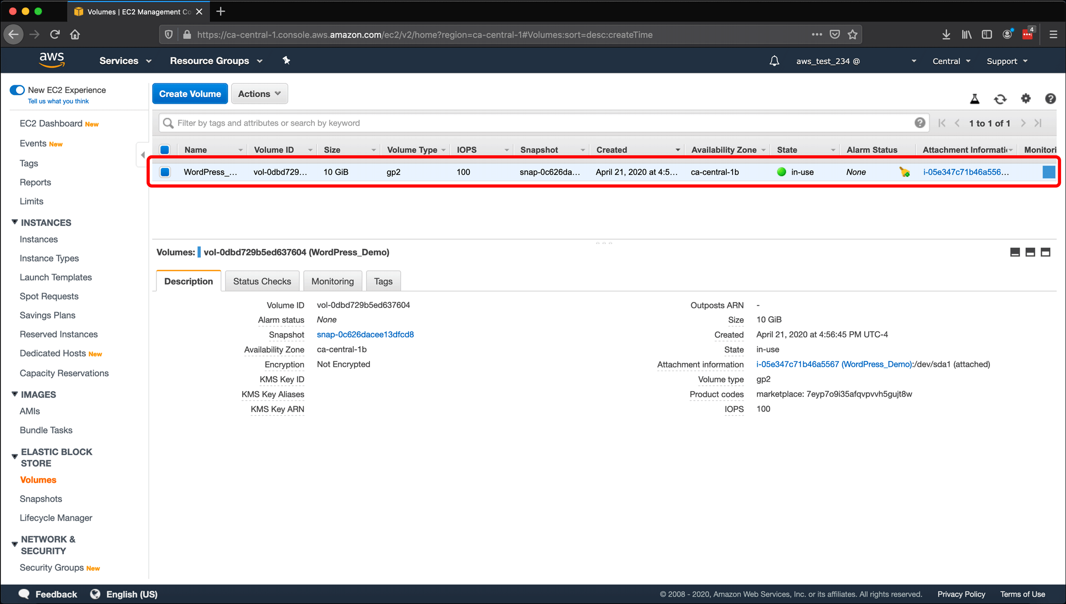 Screenshot: naming AWS EC2 instances and volumes, and creating snapshots.