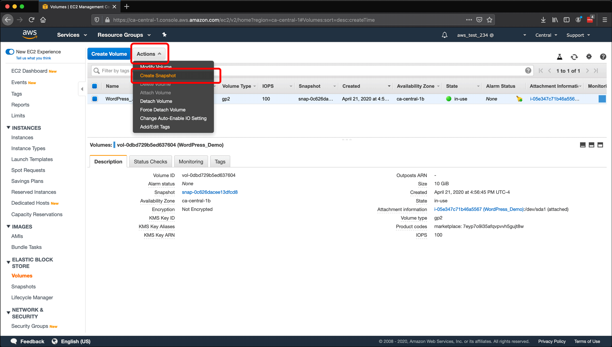 Screenshot: naming AWS EC2 instances and volumes, and creating snapshots.