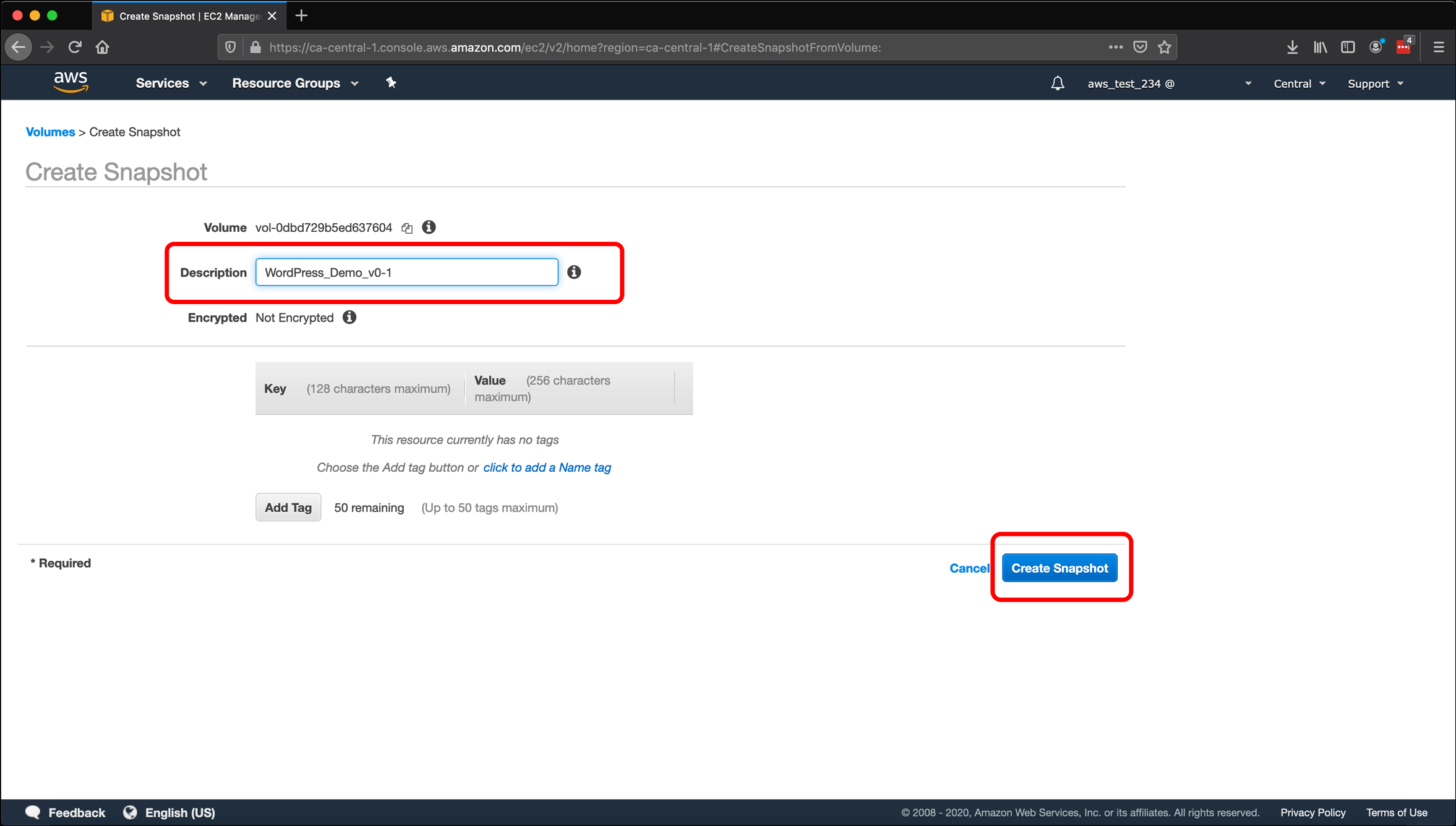 Screenshot: naming AWS EC2 instances and volumes, and creating snapshots.