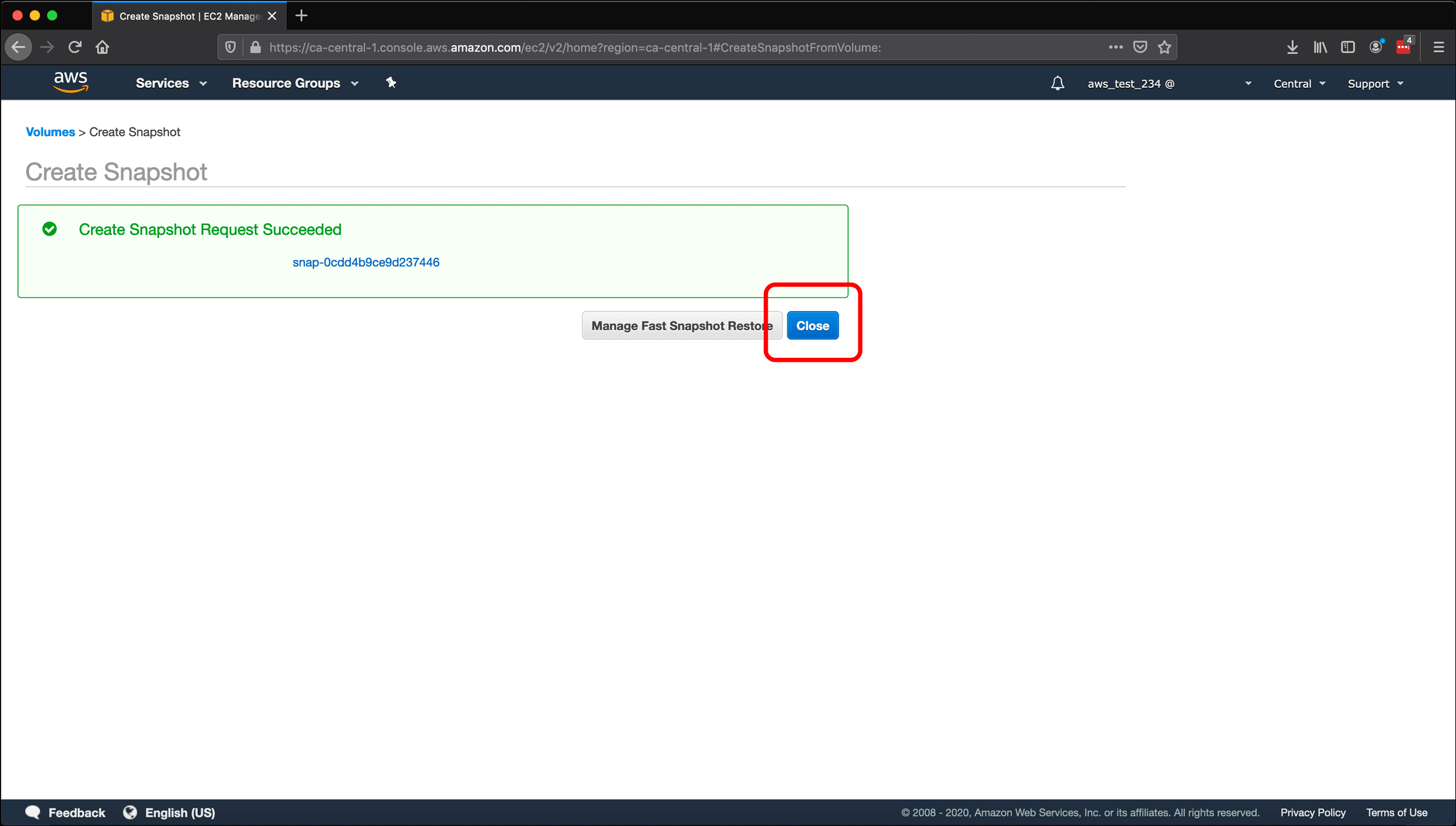 Screenshot: naming AWS EC2 instances and volumes, and creating snapshots.