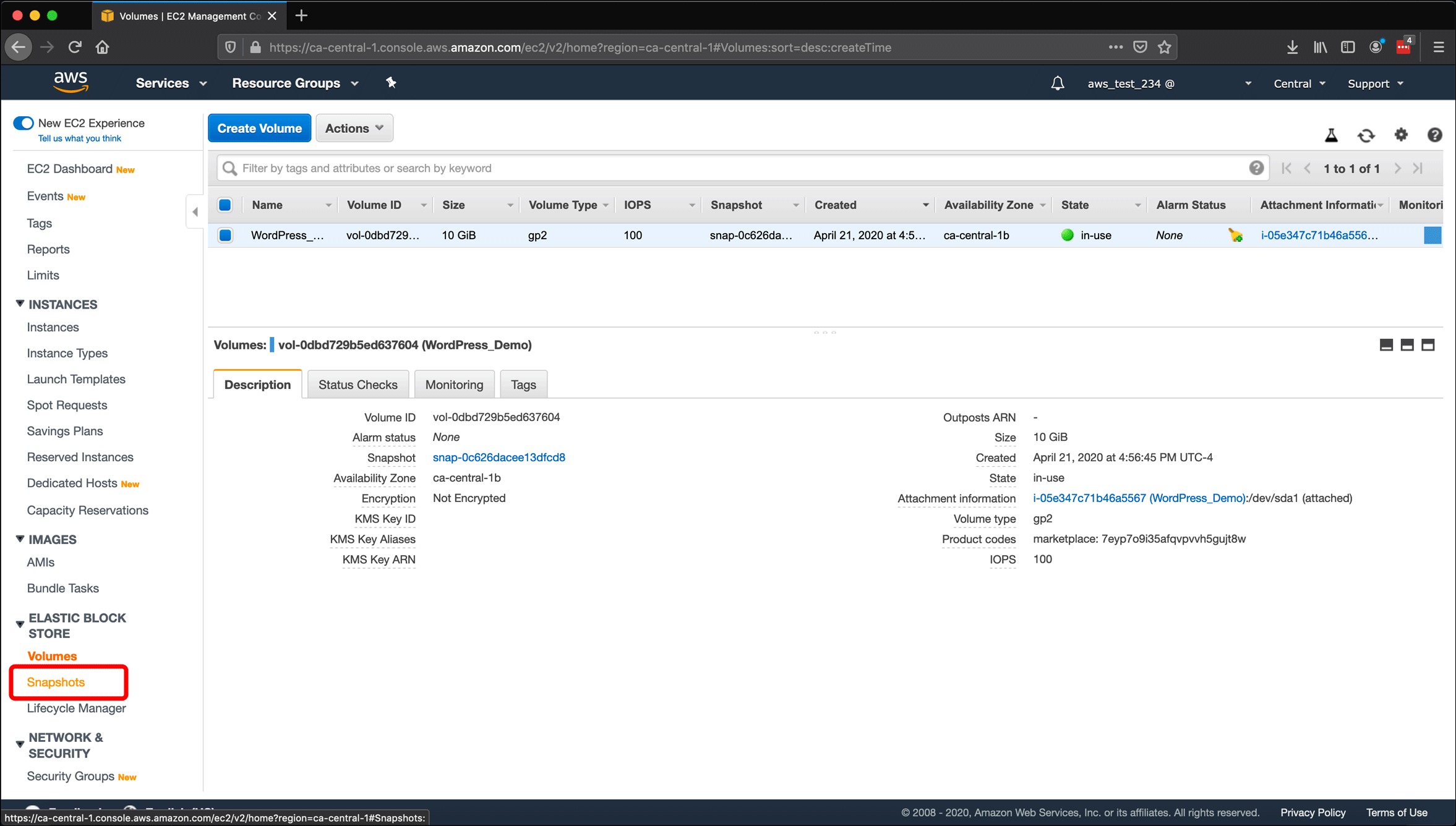 Screenshot: naming AWS EC2 instances and volumes, and creating snapshots.