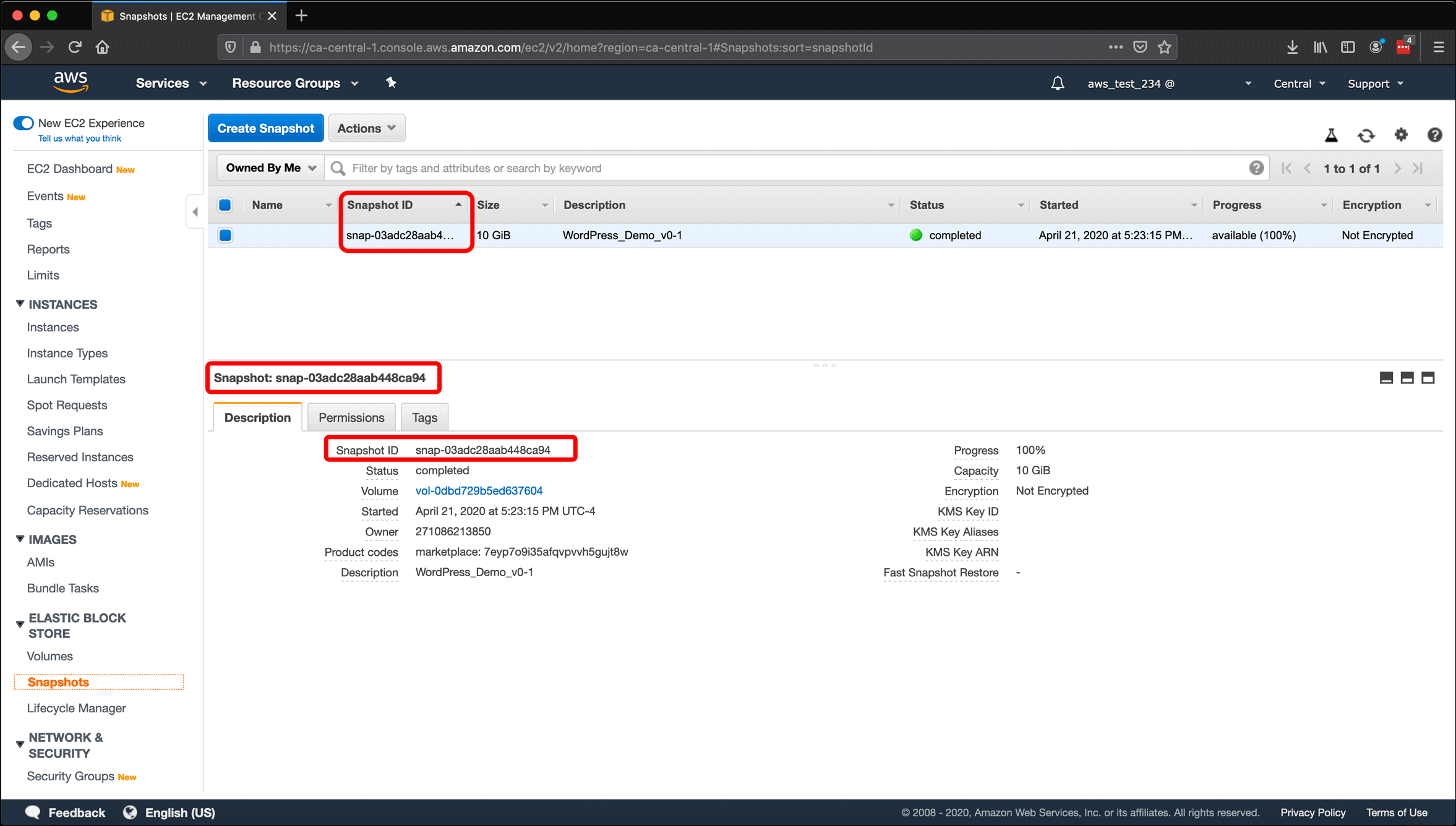 Screenshot: naming AWS EC2 instances and volumes, and creating snapshots.