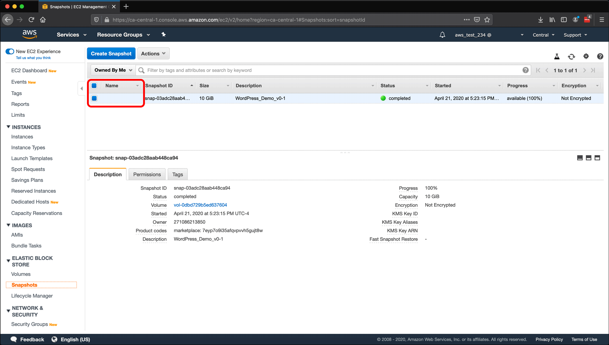 Screenshot: naming AWS EC2 instances and volumes, and creating snapshots.