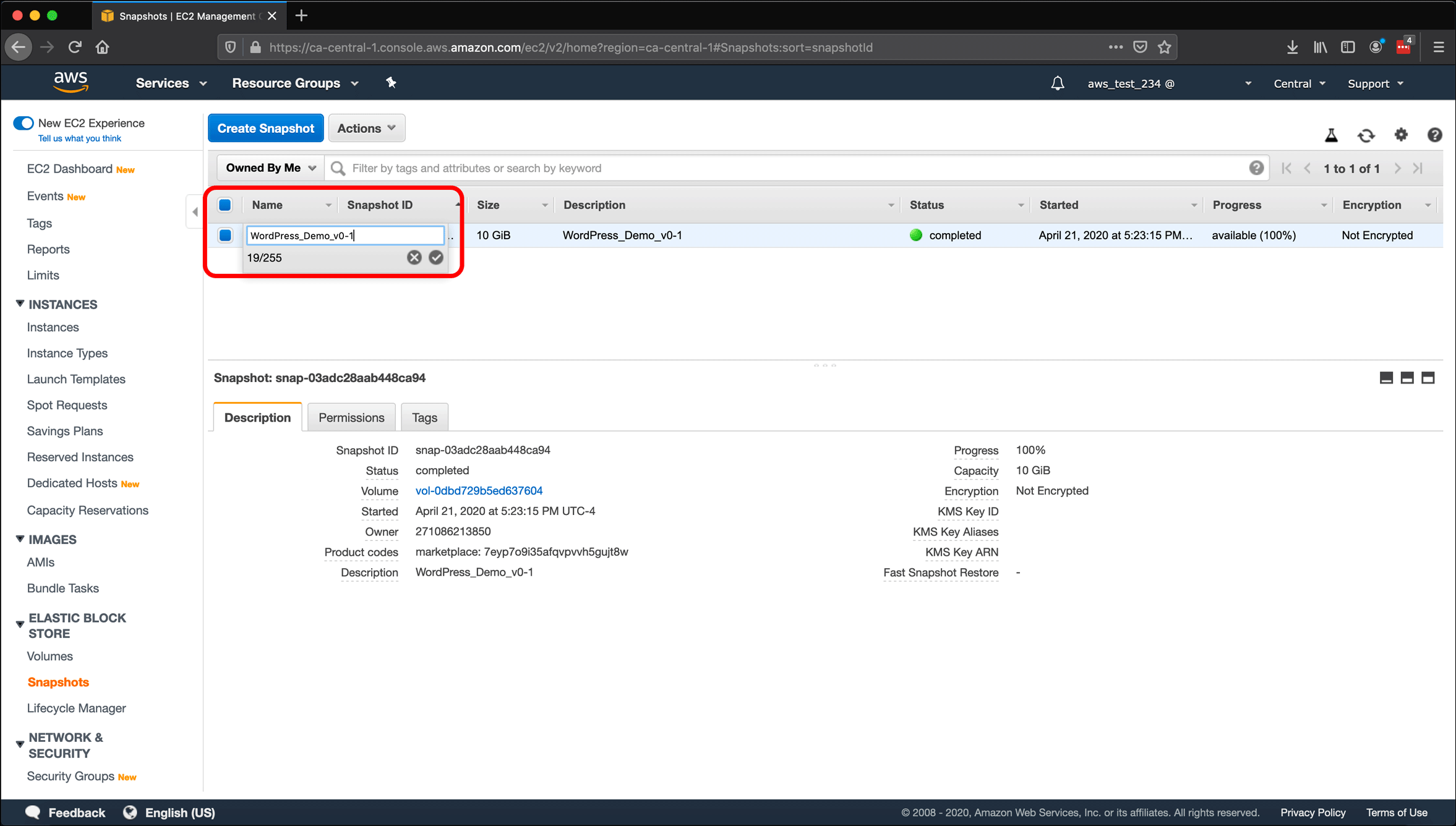 Screenshot: naming AWS EC2 instances and volumes, and creating snapshots.