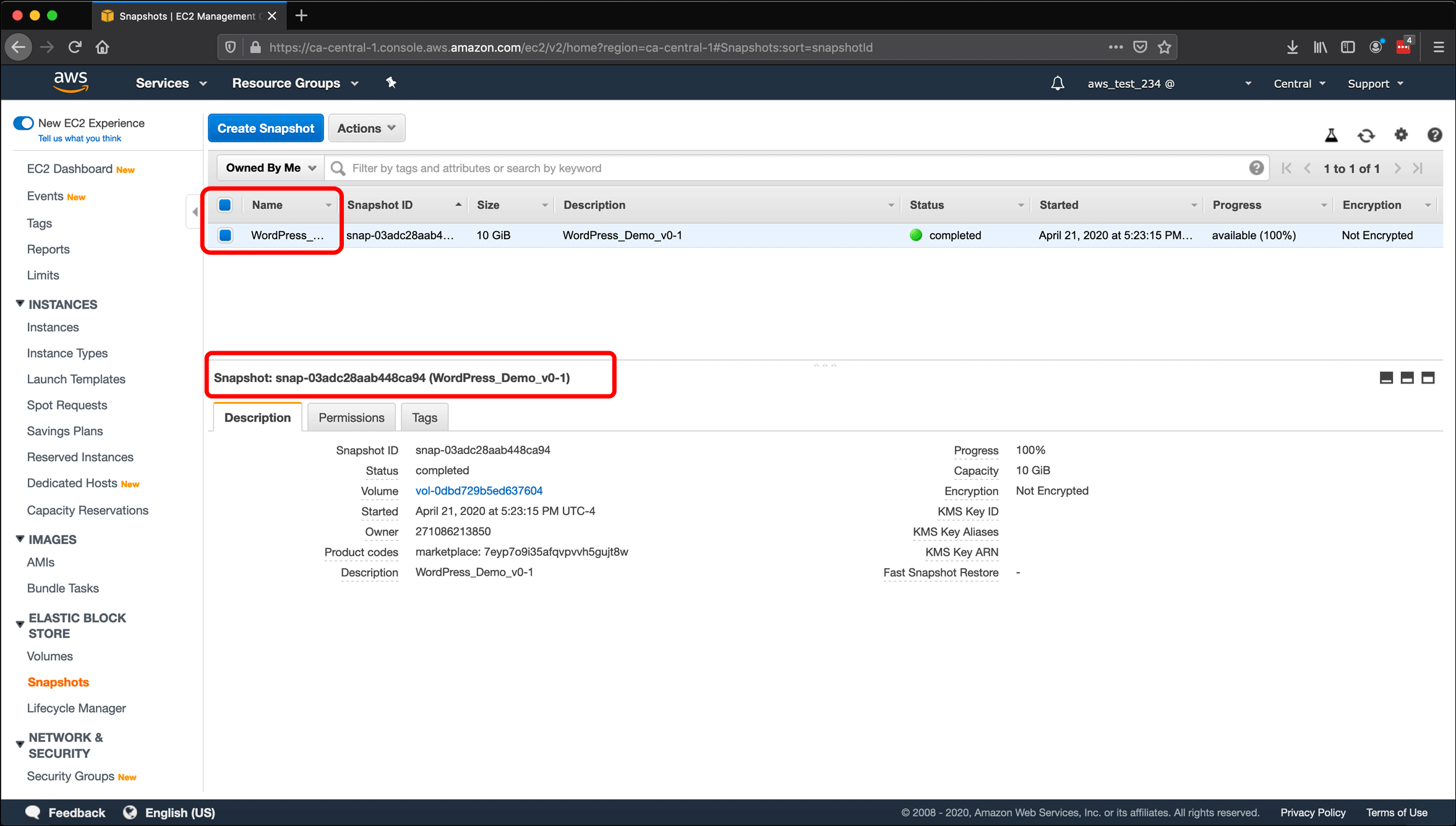 Screenshot: naming AWS EC2 instances and volumes, and creating snapshots.