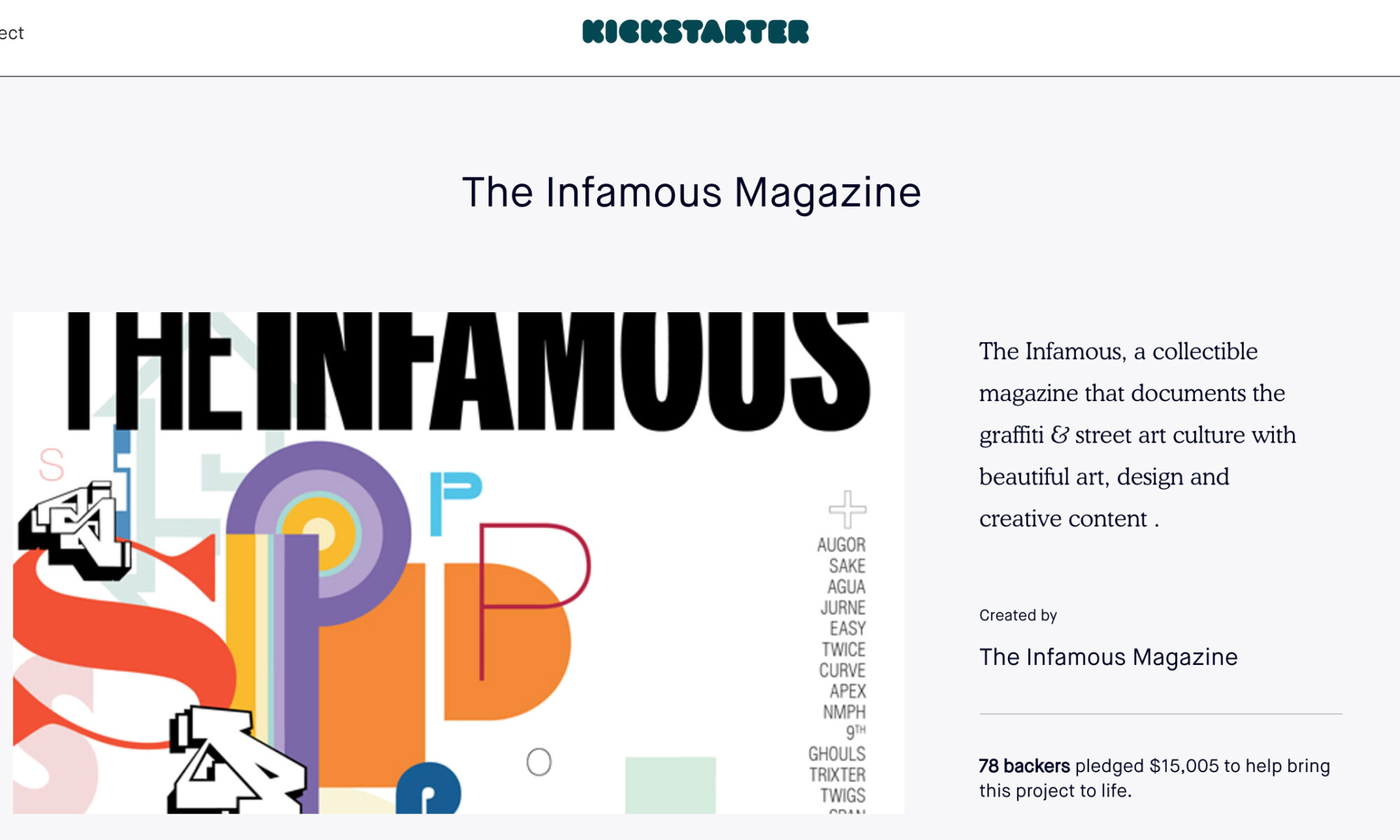 Screenshot from the 2013 Kickstarter campaign to fund Issue 7 of The Infamous magazine