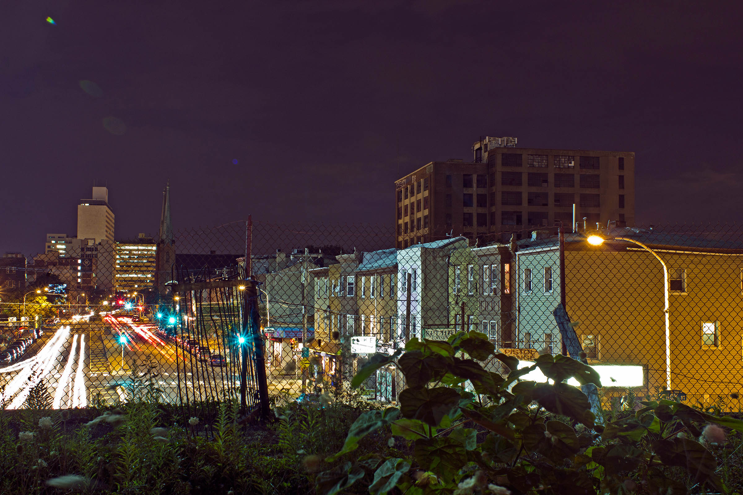 Night shot of Spring Garden Street from the Reading Viaduct, Philadelphia, PA, USA, 2014.