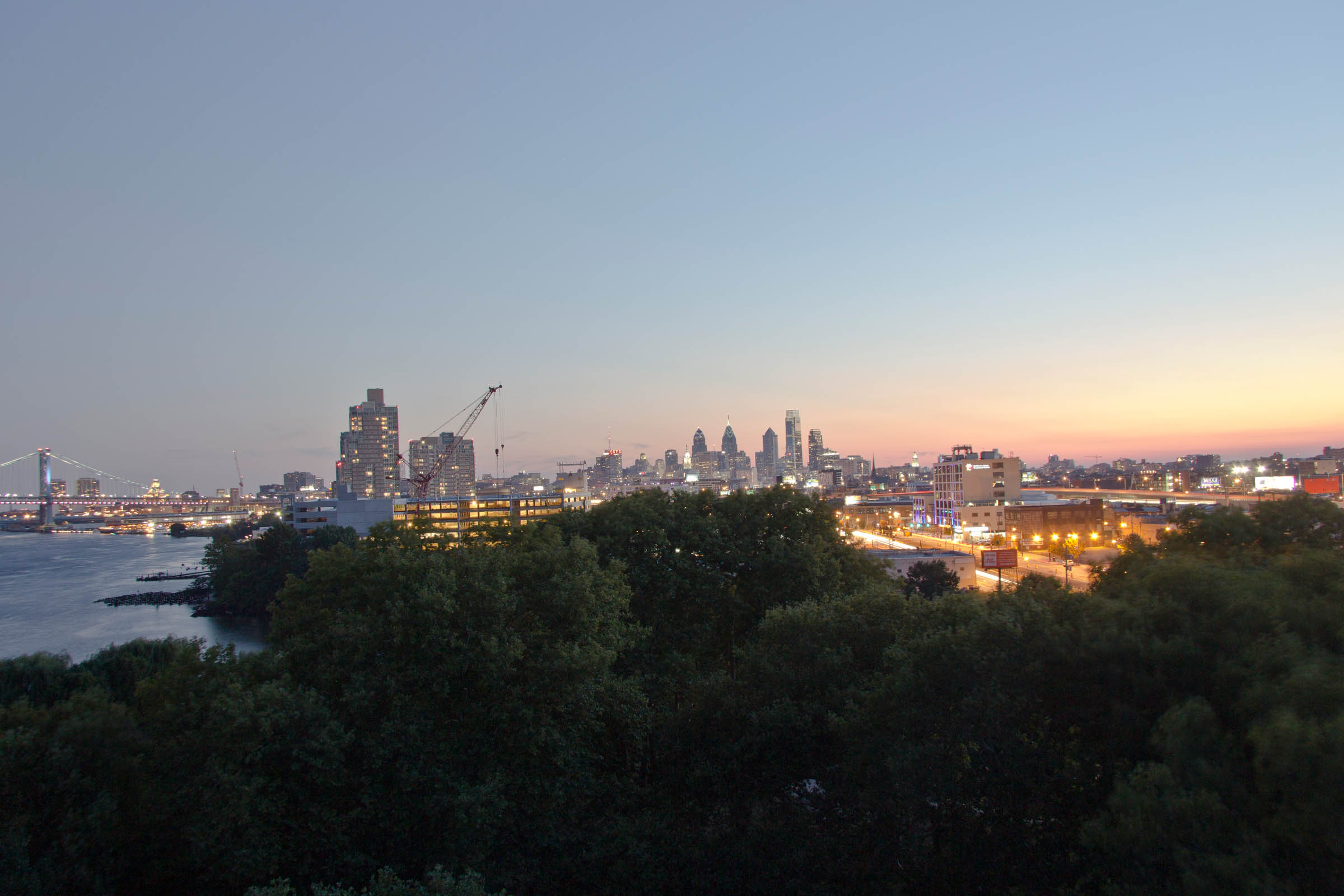 Dusk over Penn Treaty Park looking towards downtown Philadelphia, PA, USA, 2015.