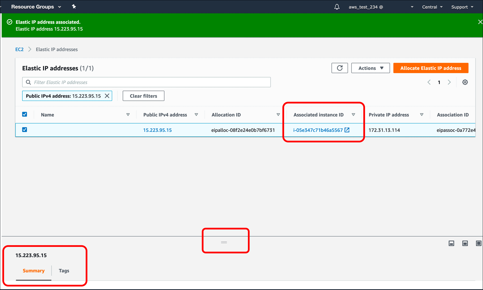 Screenshot: AWS EC2 instance, Elastic IPs, Route 53 DNS management, and restarting or shutting down the instance.