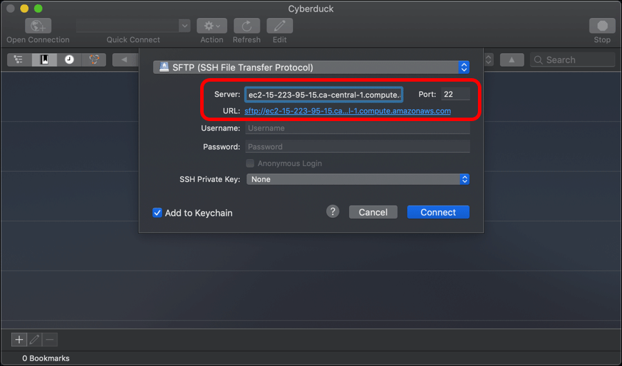 Screenshot displaying connecting to an AWS EC2 instance using Cyberduck FTP client.