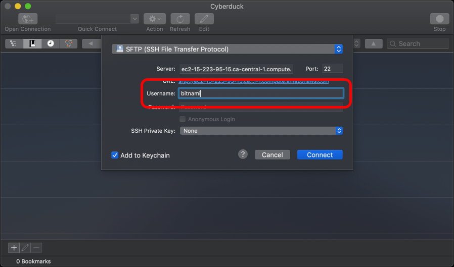 Screenshot displaying connecting to an AWS EC2 instance using Cyberduck FTP client.