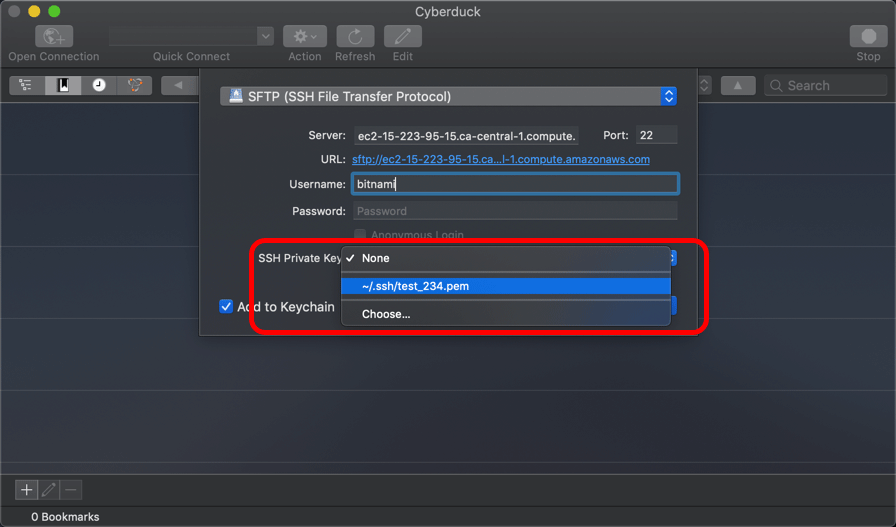 Screenshot displaying connecting to an AWS EC2 instance using Cyberduck FTP client.