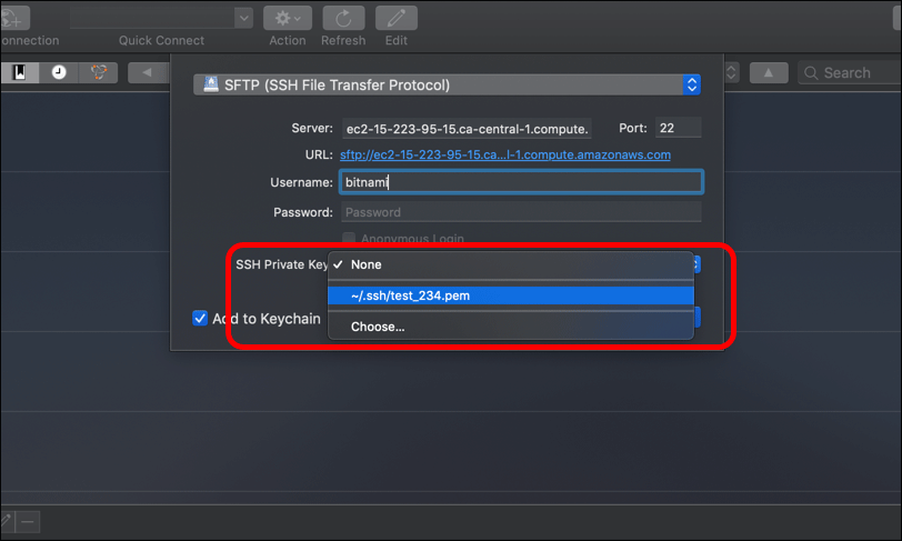 Screenshot displaying connecting to an AWS EC2 instance using Cyberduck FTP client.