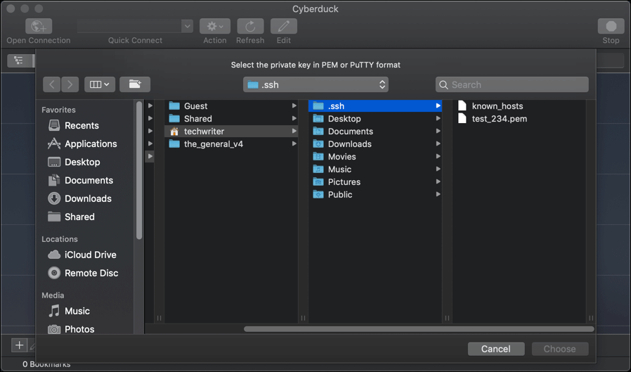 Screenshot displaying connecting to an AWS EC2 instance using Cyberduck FTP client.