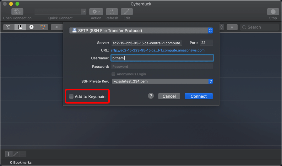 Screenshot displaying connecting to an AWS EC2 instance using Cyberduck FTP client.