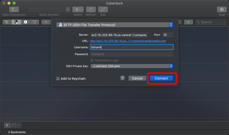 Screenshot displaying connecting to an AWS EC2 instance using Cyberduck FTP client.