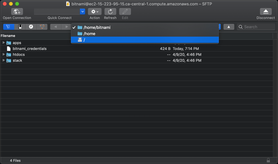 Screenshot displaying connecting to an AWS EC2 instance using Cyberduck FTP client.