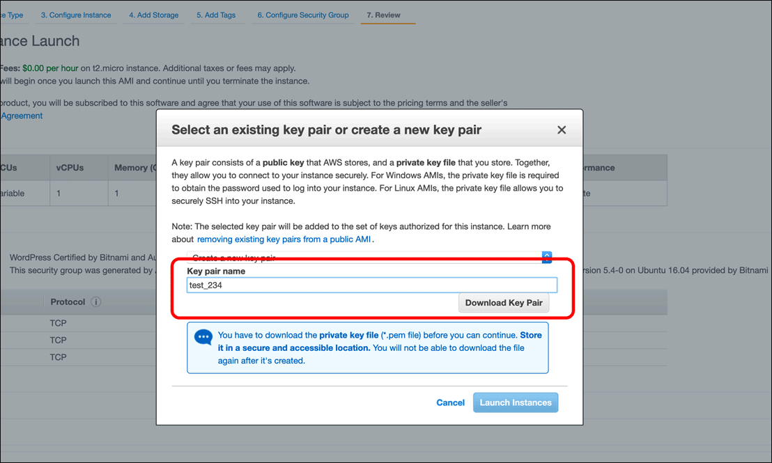 Screenshot: Creating an AWS EC2 instance to host a WordPress site using Bitnami.