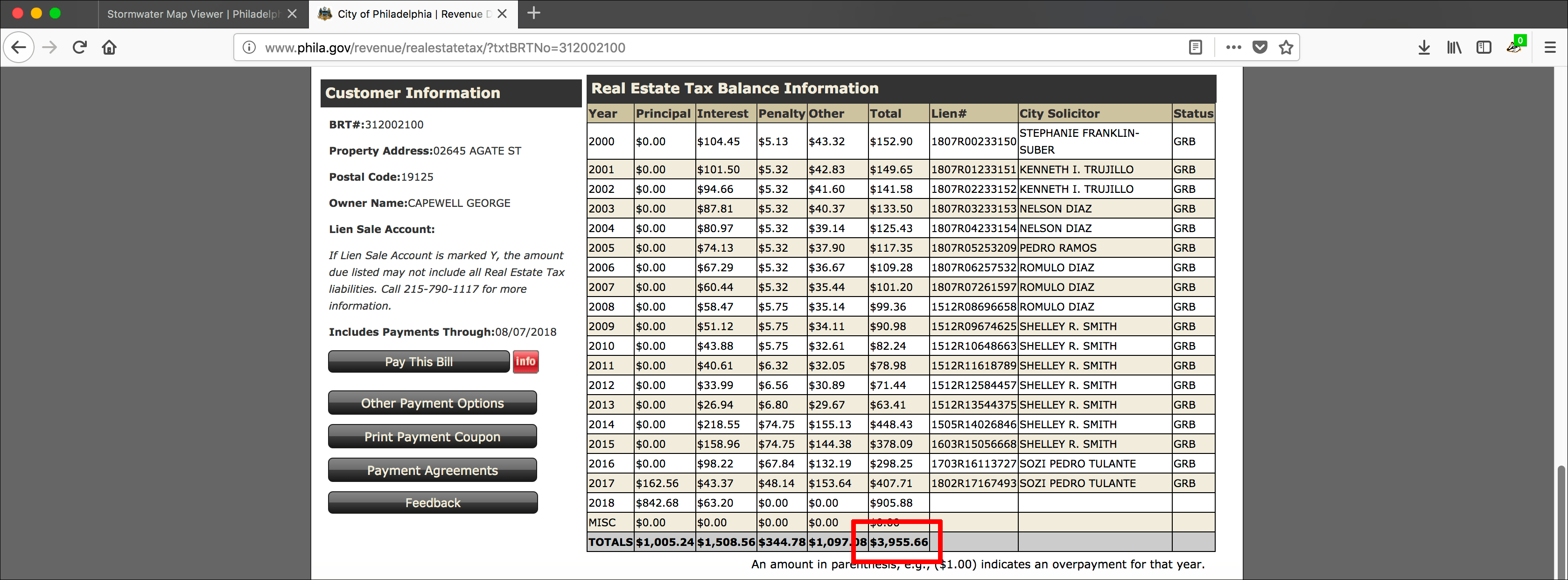 Screenshot illustrating research of property information and tax balances on the City of Philadelphia's website.