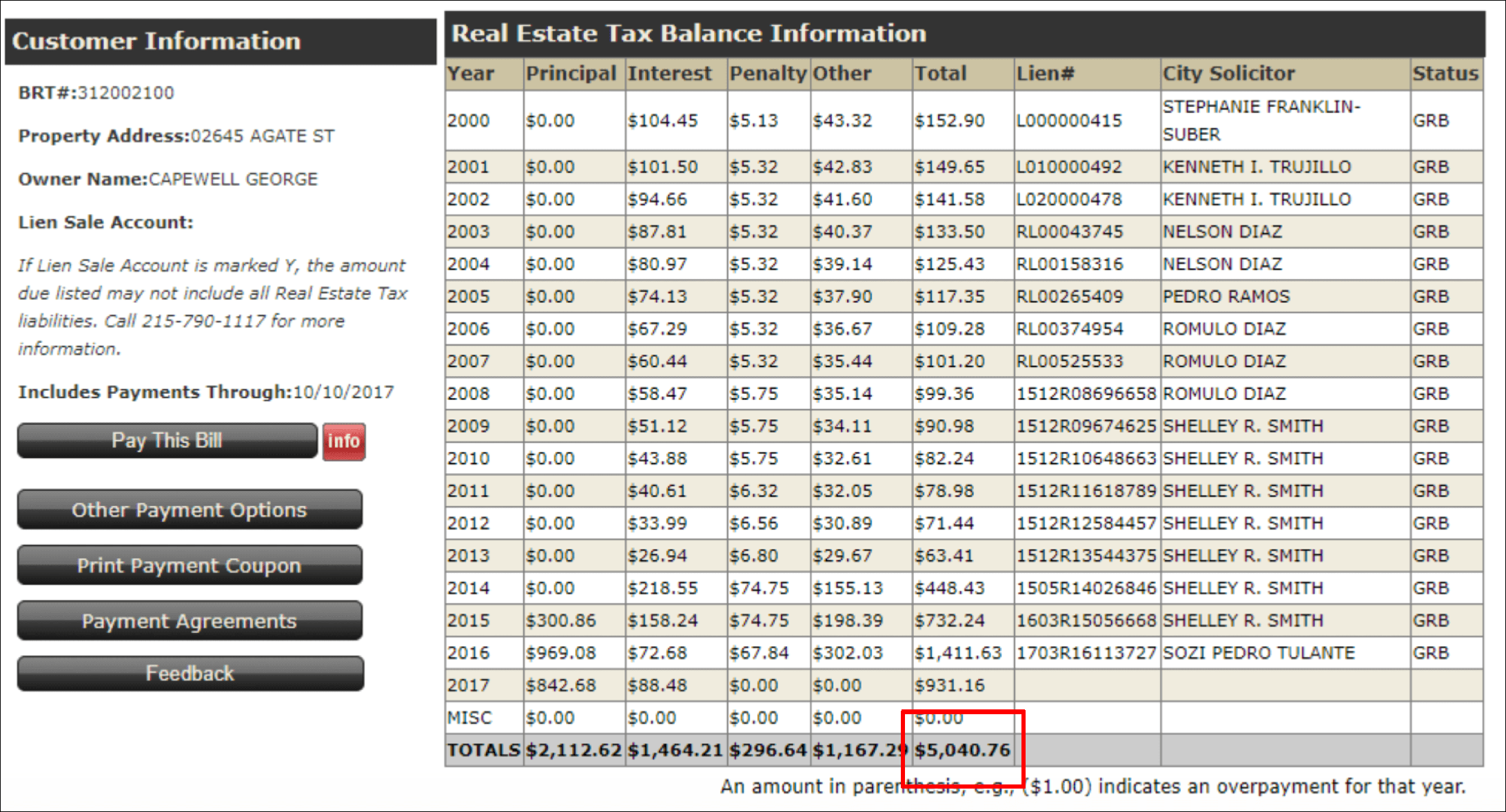 Screenshot illustrating research of property information and tax balances on the City of Philadelphia's website.