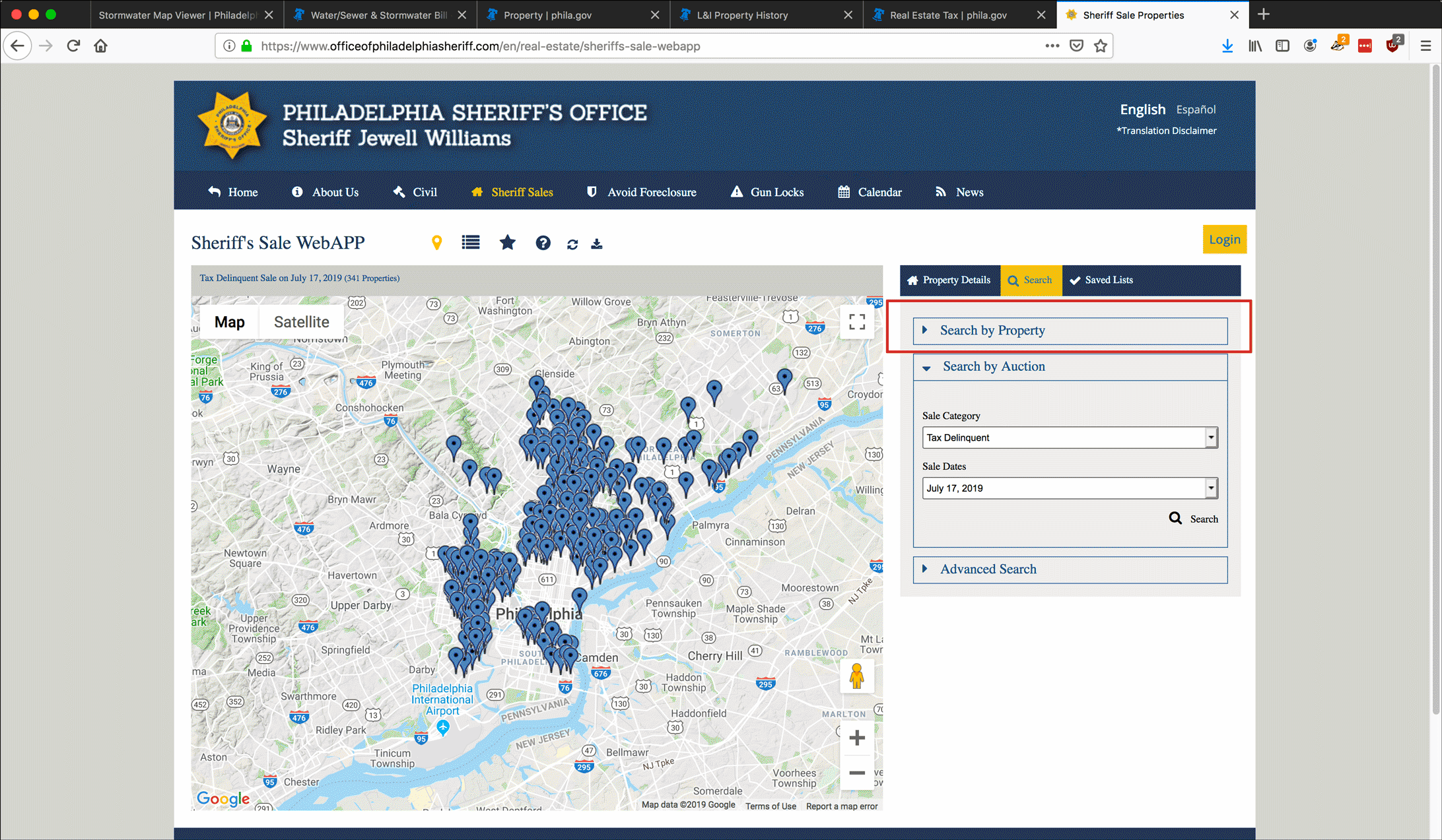 Screenshot illustrating research of property and Sheriff's sale information on the Philadelphia Sheriff's website.