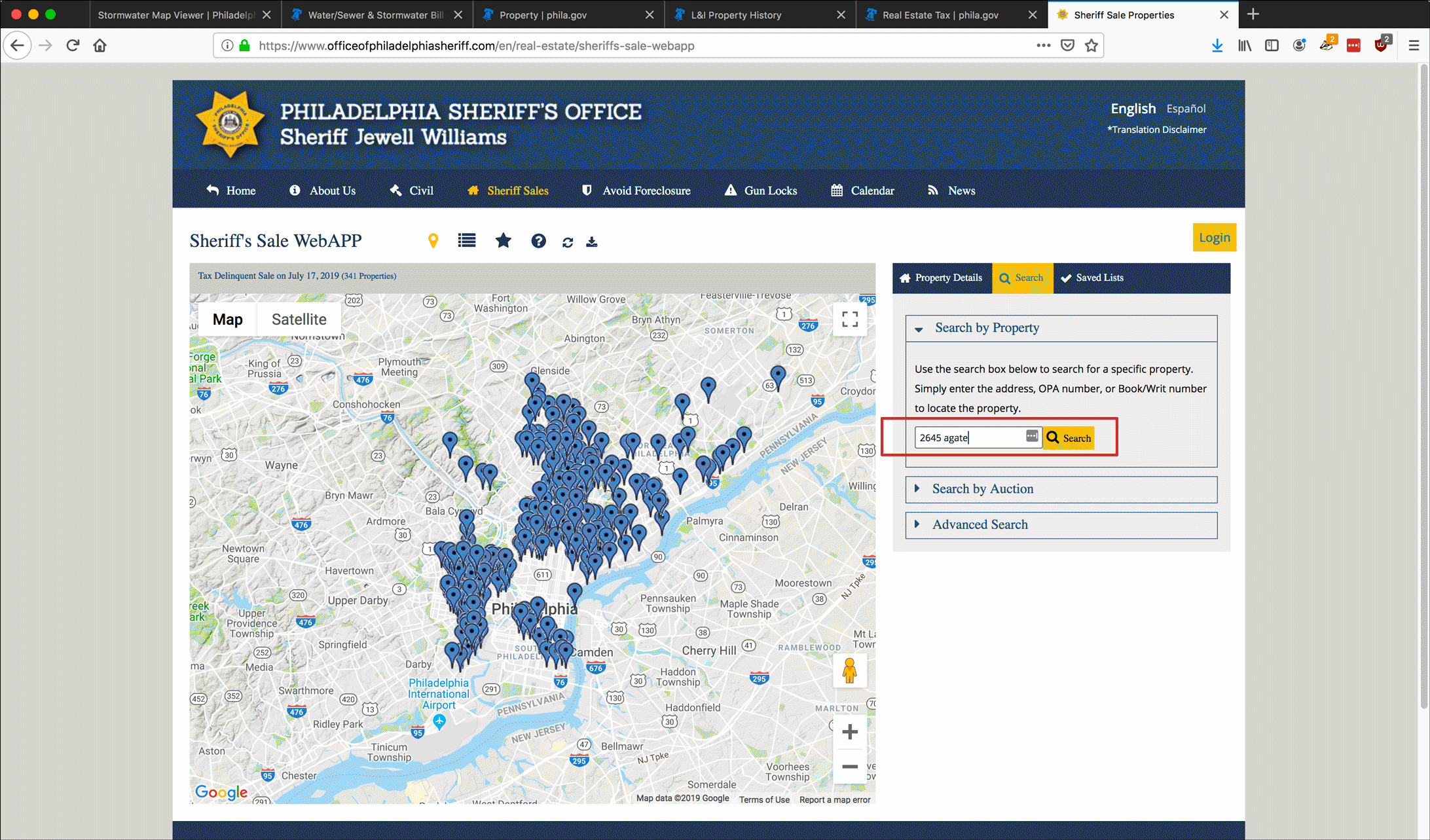 Screenshot illustrating research of property and Sheriff's sale information on the Philadelphia Sheriff's website.