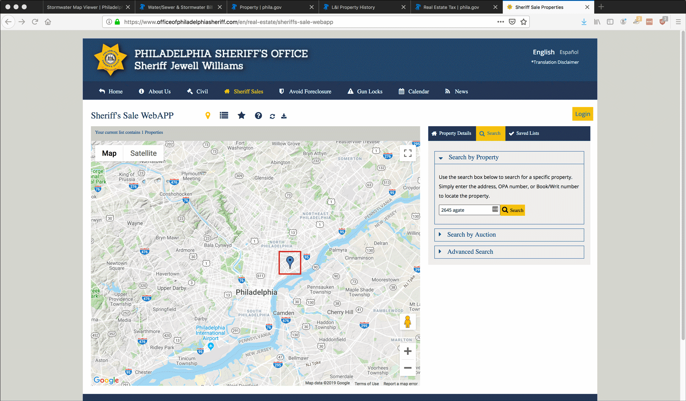 Screenshot illustrating research of property and Sheriff's sale information on the Philadelphia Sheriff's website.