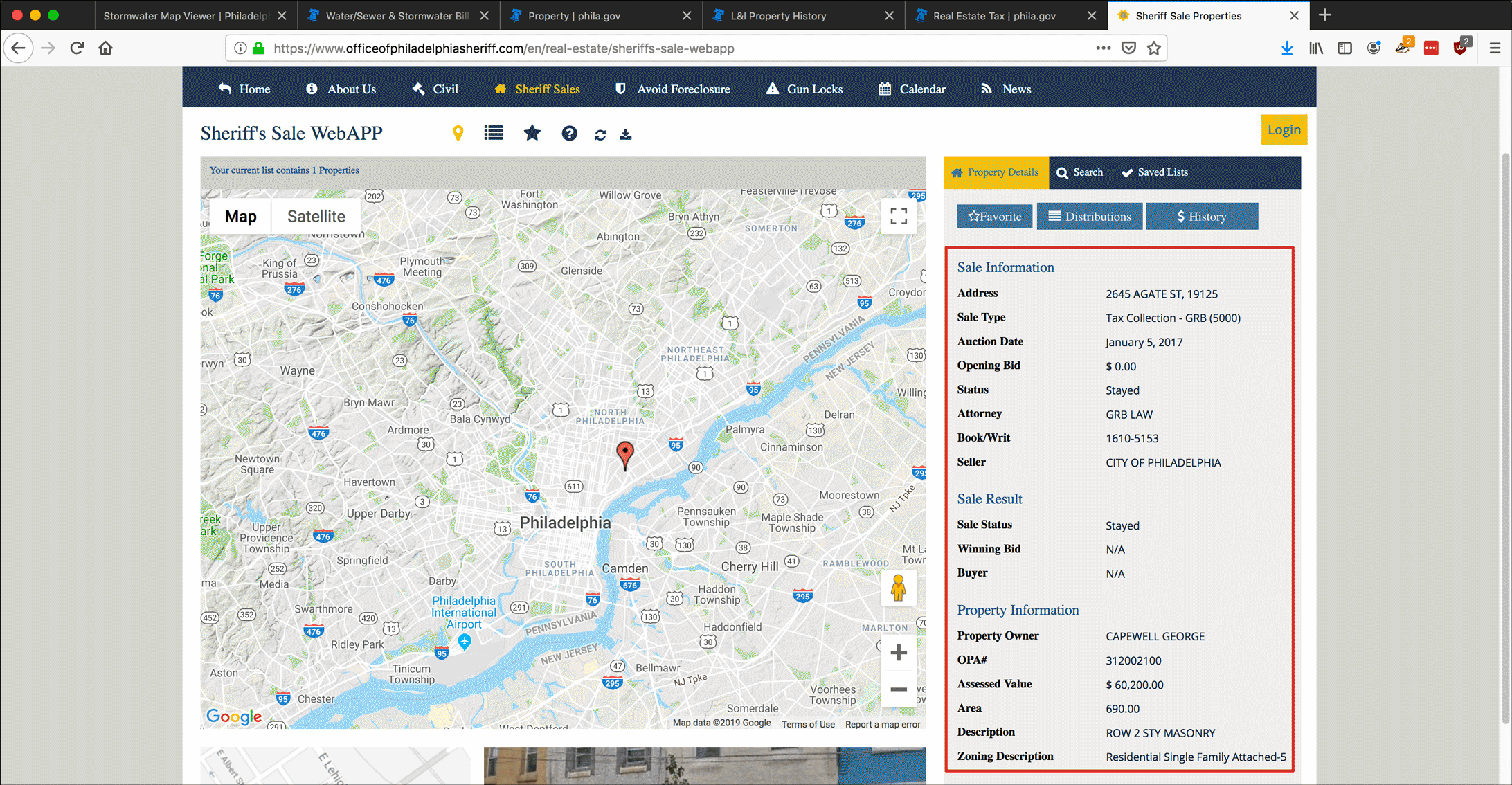 Screenshot illustrating research of property and Sheriff's sale information on the Philadelphia Sheriff's website.