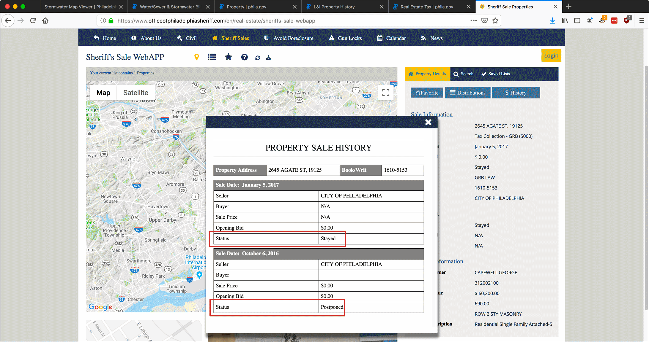 Screenshot illustrating research of property and Sheriff's sale information on the Philadelphia Sheriff's website.
