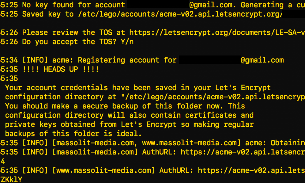 Screenshot illustrating the process to install a TLS certificate from Let's Encrypt.