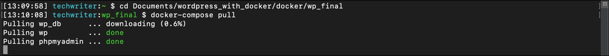 Screenshot displaying terminal output from docker compose and other docker commands.