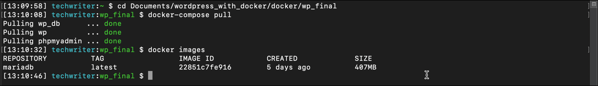 Screenshot displaying terminal output from docker compose and other docker commands.