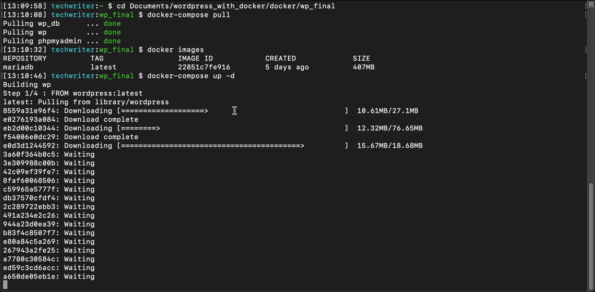 Screenshot displaying terminal output from docker compose and other docker commands.