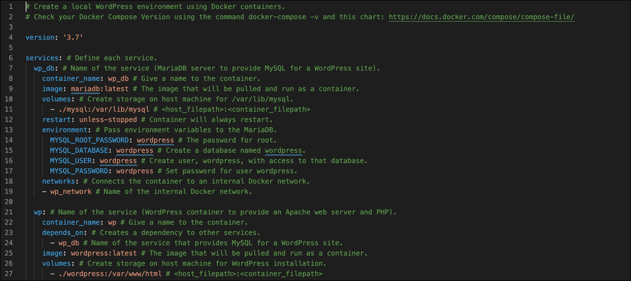 Screenshot displaying Docker Compose YAML file.
