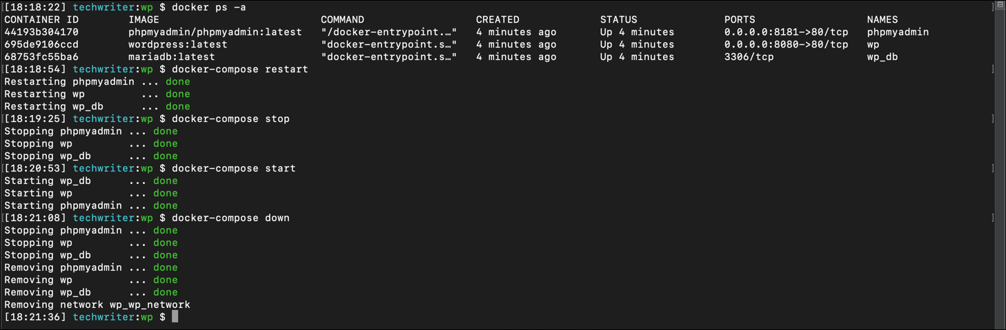 Screenshot displaying terminal output from docker compose and other docker commands.